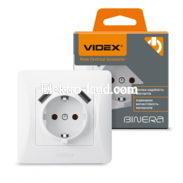 Розетка одинарная с заземлением и 2USB белая Videx Binera 